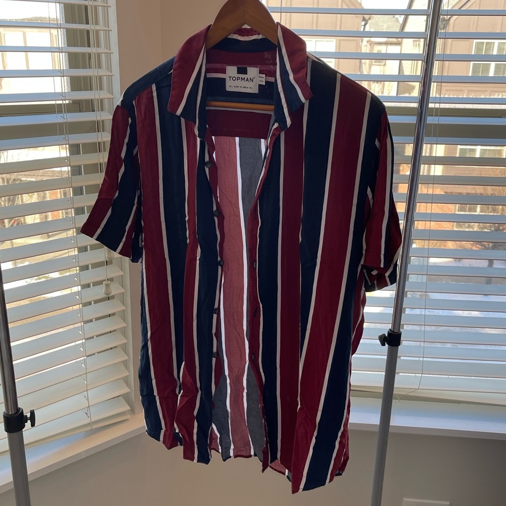Red/Blue/White Topman Stripe Viscose Short Sleeve Shirt